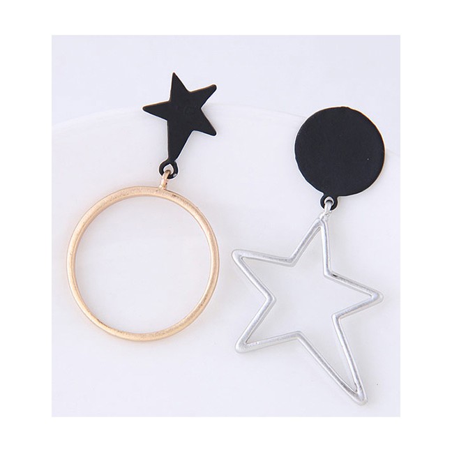 LRC Anting Tusuk Fashion Gold Color+black Star Shape Decorated Earrings