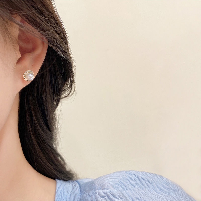 Anting Stud 925 silver needle Bentuk Lingkaran Aksen Mutiara Berlian