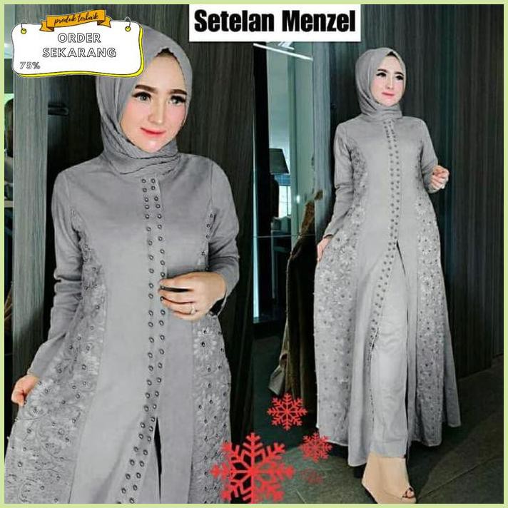 Sale BAJU SETELAN WANITA ST MENZEL GAMIS SETELAN CELANA MUSLIM BRUKAT BUNGA - Abu-abu Termurah