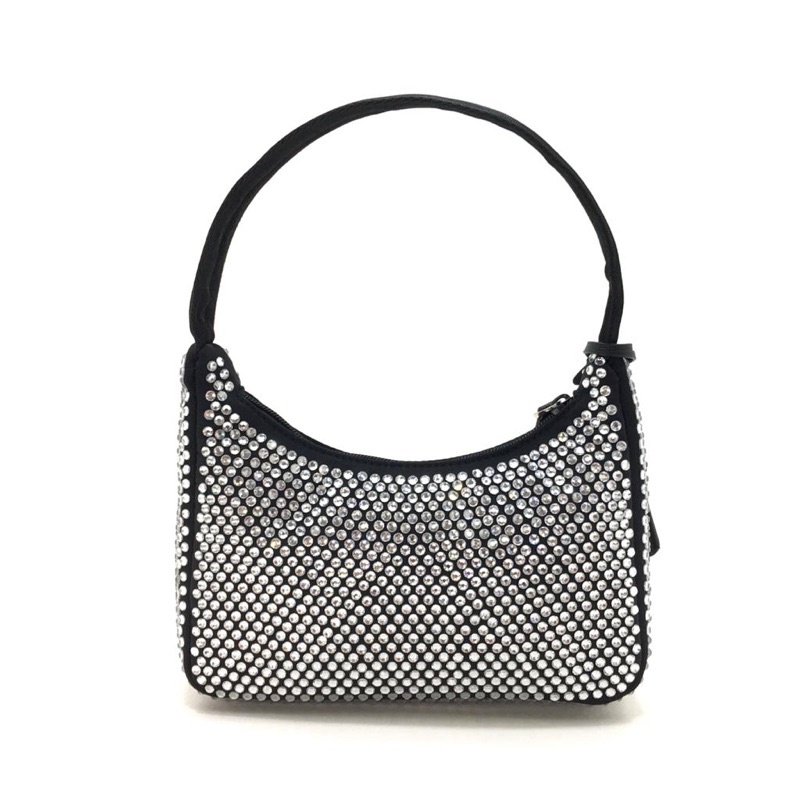 Prada Re-Edition 2000 embellished satin shoulder bag black authentic asli original crystal satin min
