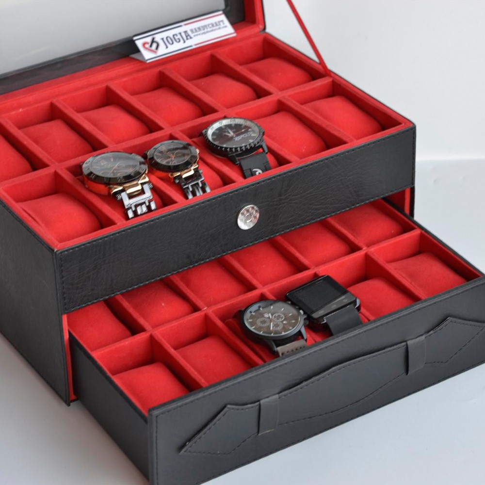 KOTAK JAM TANGAN | BOX JAM | TEMPAT JAM TANGAN ISI 24 BLACK INNER RED