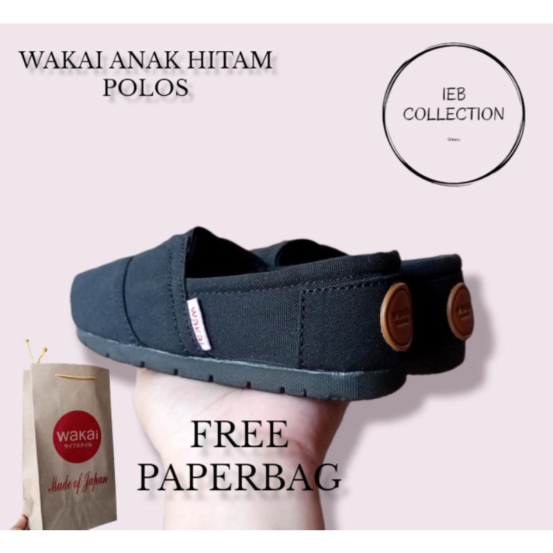 sepatu anak wakai slip on hitam unisex size 25-35 free paperbag