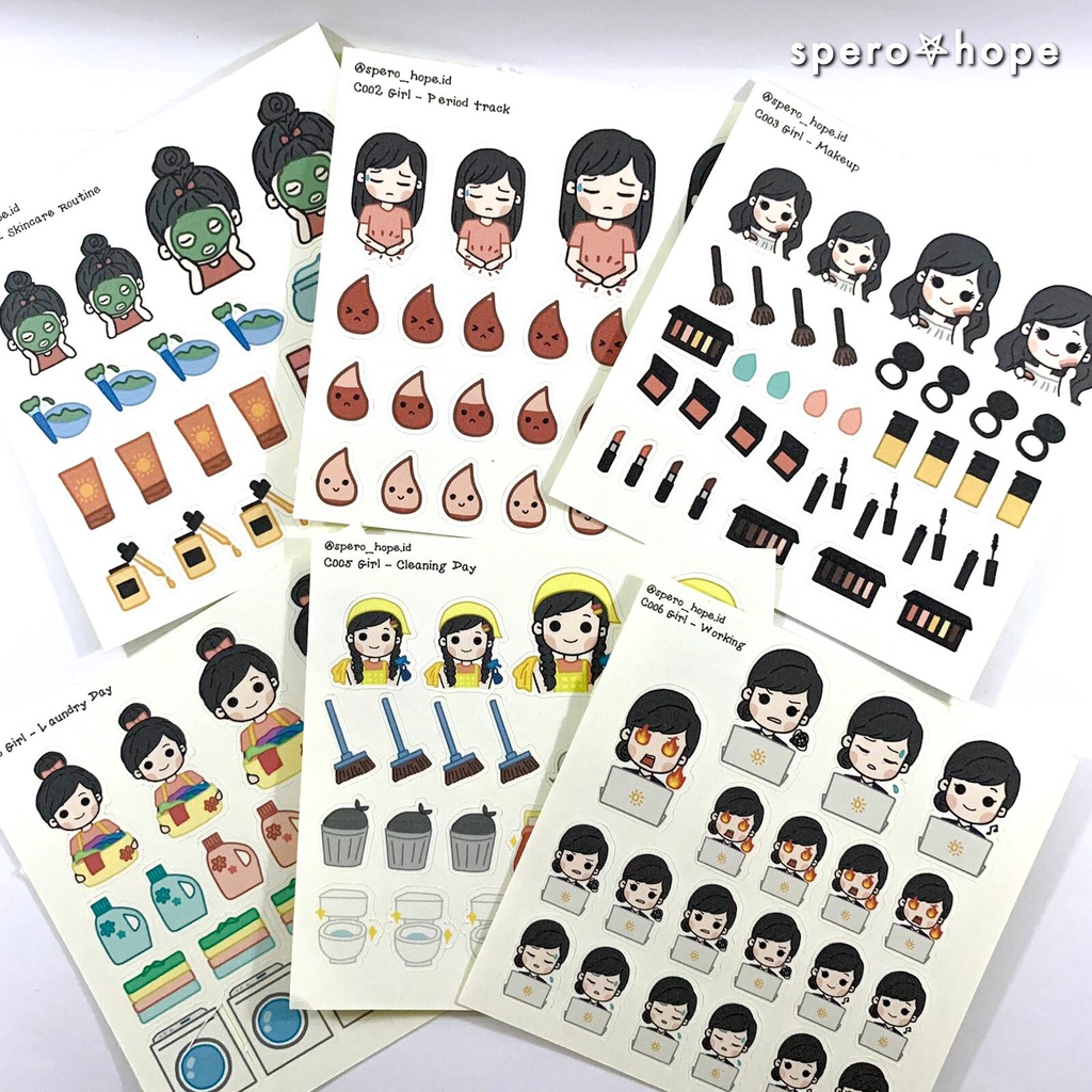 

SPEROHOPE - #C001-C006 Cute Aesthetic Girl Activities Sticker Laptop DIY Diary Sticker Jurnal BUJO Planner Deco Stiker Hias Stiker Laptop Sticker Mini Aktivitas sehari” Skincare Daily Activities Aesthetic Lucu Perempuan