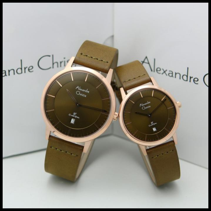 Best Seller Alexandre Christie Ac 8639 Couple Rosegold Lether Light Brown Original