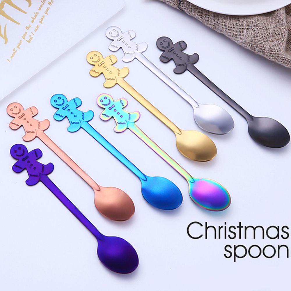 Populer 1/4pcs /set Sendok Kopi Natal Minum Es Krim Stainless Steel Kitchen &amp; Dining Kids Spoon