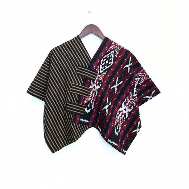 Crop Top Blus Lurik Songket Batik Atasan Kantor Modern Muslim Kerja Pesta Seragaman Etnik Tenun-Maroon
