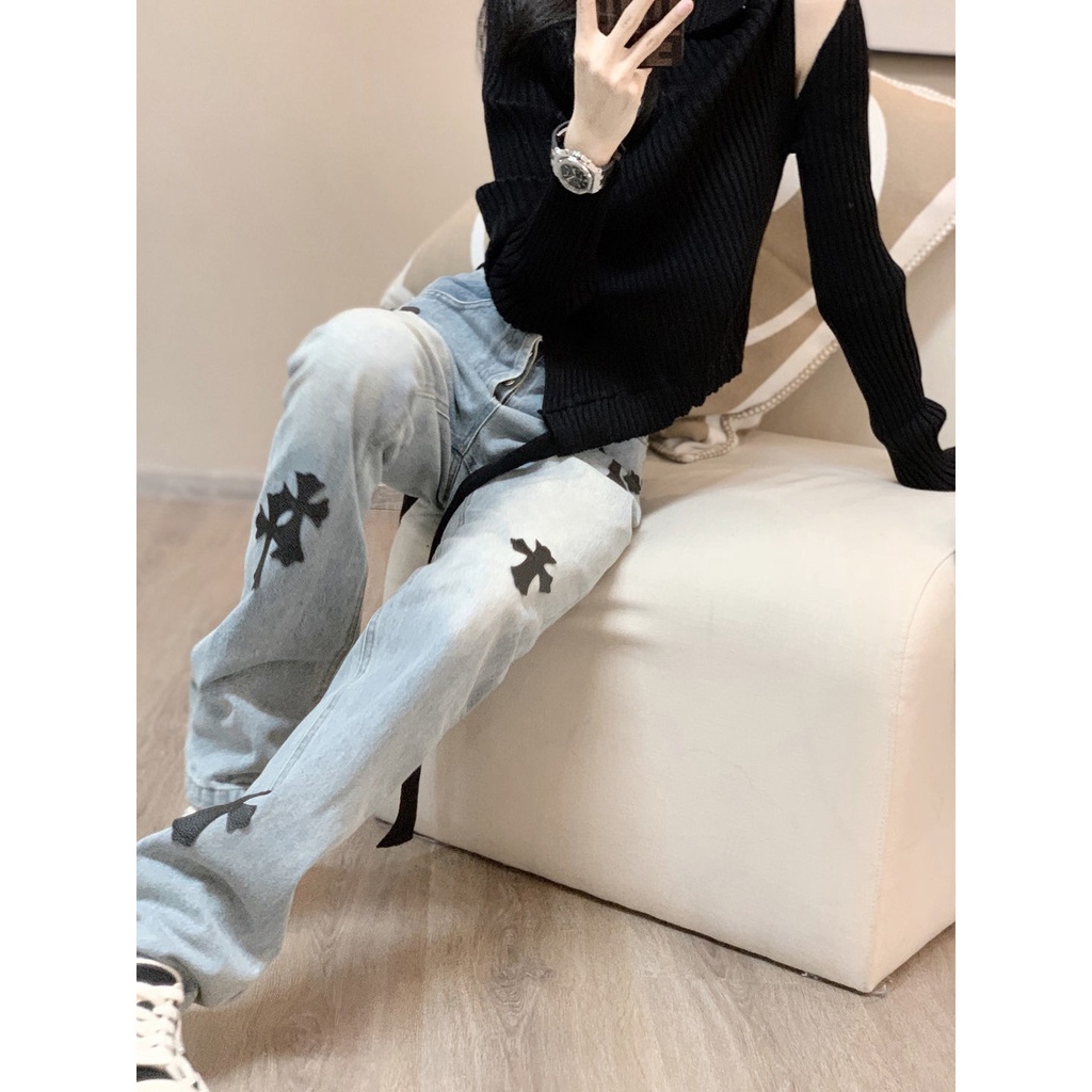 celana jeans high waist wanita high street croix heart blue cross jeans women hiphop straight pants