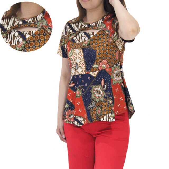 Nt8 Atasan Batik Wanita Bahan Katun Strecth Model Peplum Lengan Pendek U Blouse Kerja Kantoran Shopee Indonesia