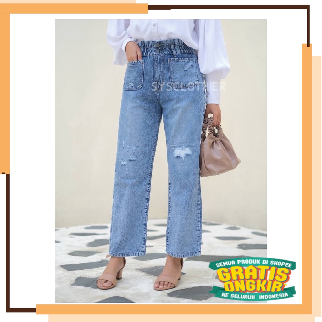 Blue Grey snow black wash  long 7/8 3/4  / CELANA JEANS WANITA BF REEYA RUBBER