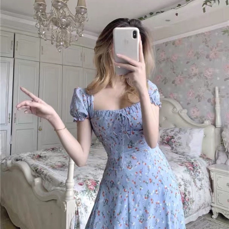 D132- Korean Blue Midi Dress Vintage Motif Flower Square Neck-3