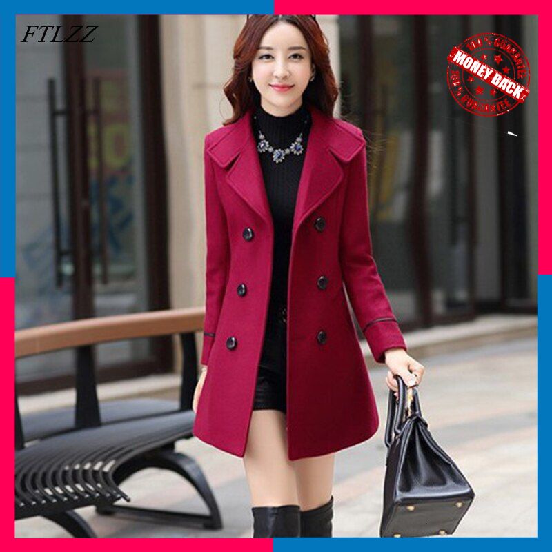 Trench Coat Wanita Elegan FTLZZ Women Wool Blend Warm Long Coat Plus Size Female Slim Fit Lapel Wool