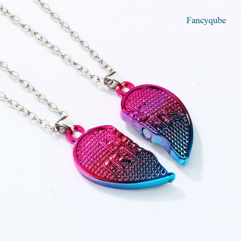 Fancyqube 2pcs / Set Kalung Rantai Liontin Bentuk Hati Warna Gradien Untuk Teman