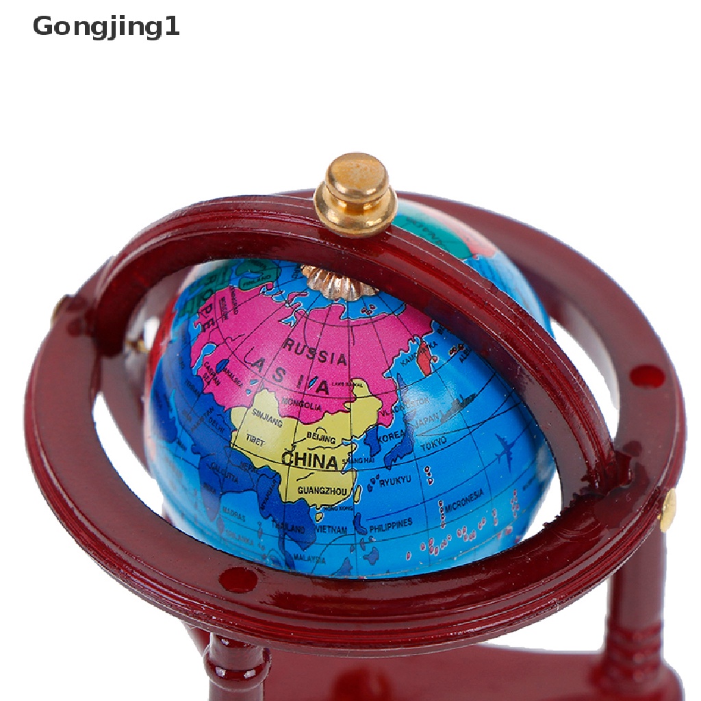 Gongjing1 1Pc Miniatur globe rolling globe Dengan stand Kayu Aksesoris Rumah Boneka 1: 12