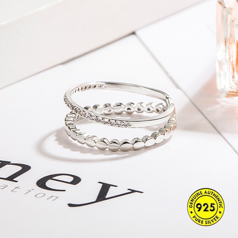 Cincin Model Terbuka Lapis Ganda Bahan S925 Silver Aksen Zirkon Untuk Wanita