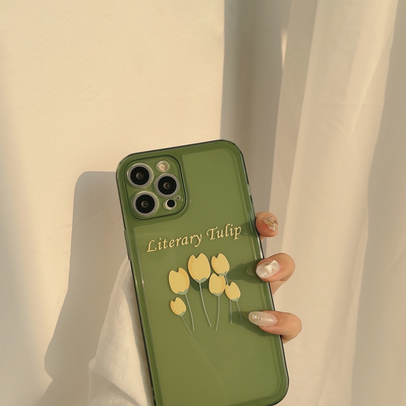 IPHONE Casing TPU Hijau Transparan Tulip Untuk Iphone7 8 PLUS X XR XS 11 12 13 14 MINI Pro MAX SE Airpods 1 2 Pro TWS Soft Cover