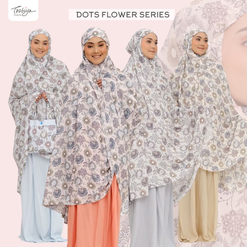 Mukenah Tazbiya Dots Flower Series Blue/Pink/Grey/Yellow Jumbo Adem Katun Rayon Dewasa Motif Cantik