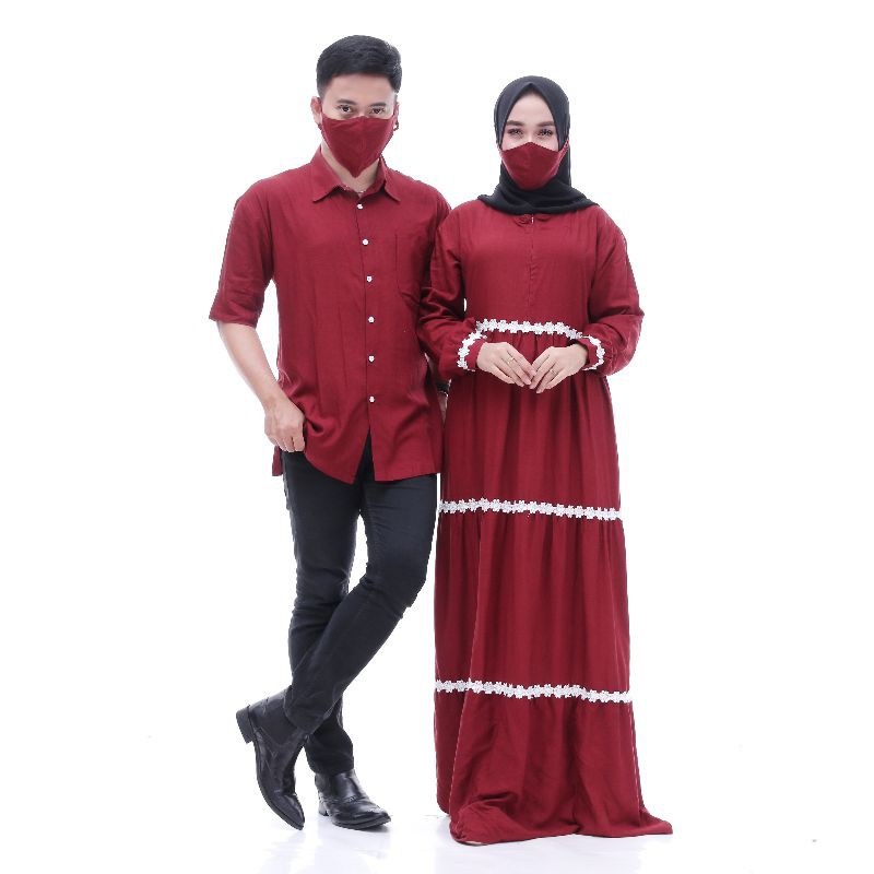 Couple muslim,gamis susun renda melati depan belakang gratis masker(XL,L,M,S)