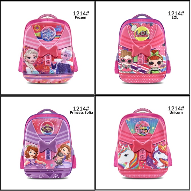 Tas Sekolah Cartoon 1214 Girls 14 Inch Ransel Anak Cewek Timbul Sekolah (Frozen,LOL,Sofia,&amp;Unicorn)