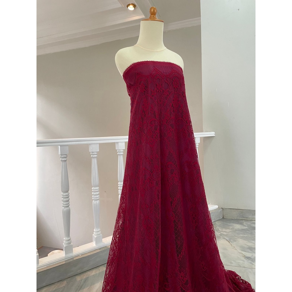 Kain Kebaya Brokat Brukat Panel Chantily Katun Semi France Prancis Warna Merah Maroon