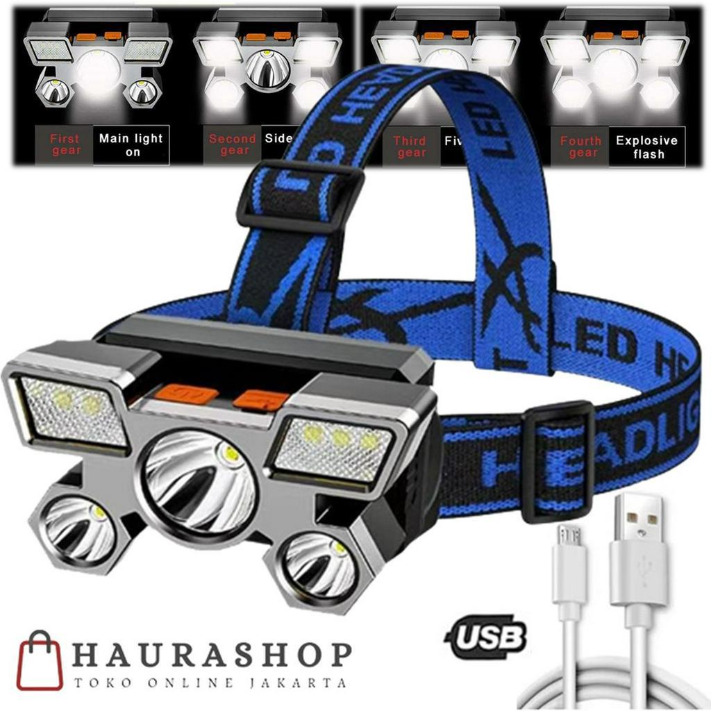 HS103 Senter Kepala 5 LED Headlamp Super Terang USB Rechargeable