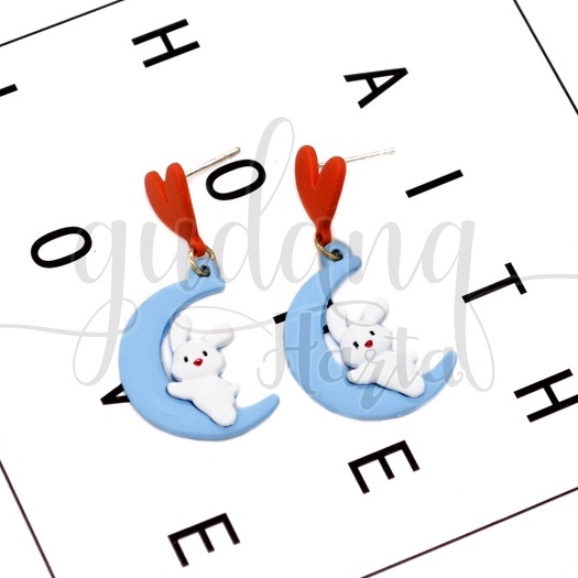 Anting Stud Moon Sleeping Rabbit Earrings Motif Kelinci Bulan GH 203407