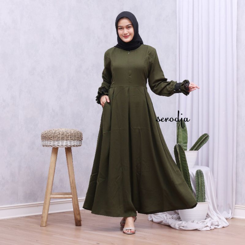 SERODJA Sahla Dress Gamis Simple Renda Rempel, Size M. L dan XL-Army