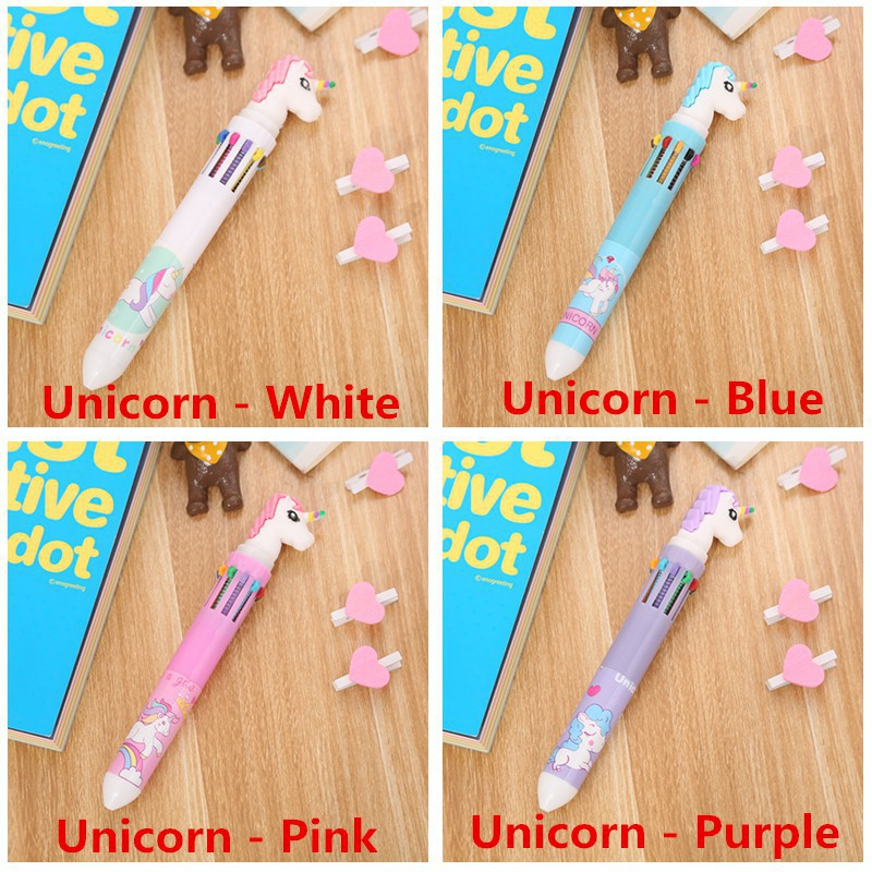 10 in 1 Pen Ballpoint Desain Kepala Unicorn Lucu, Beraneka Macam Warna