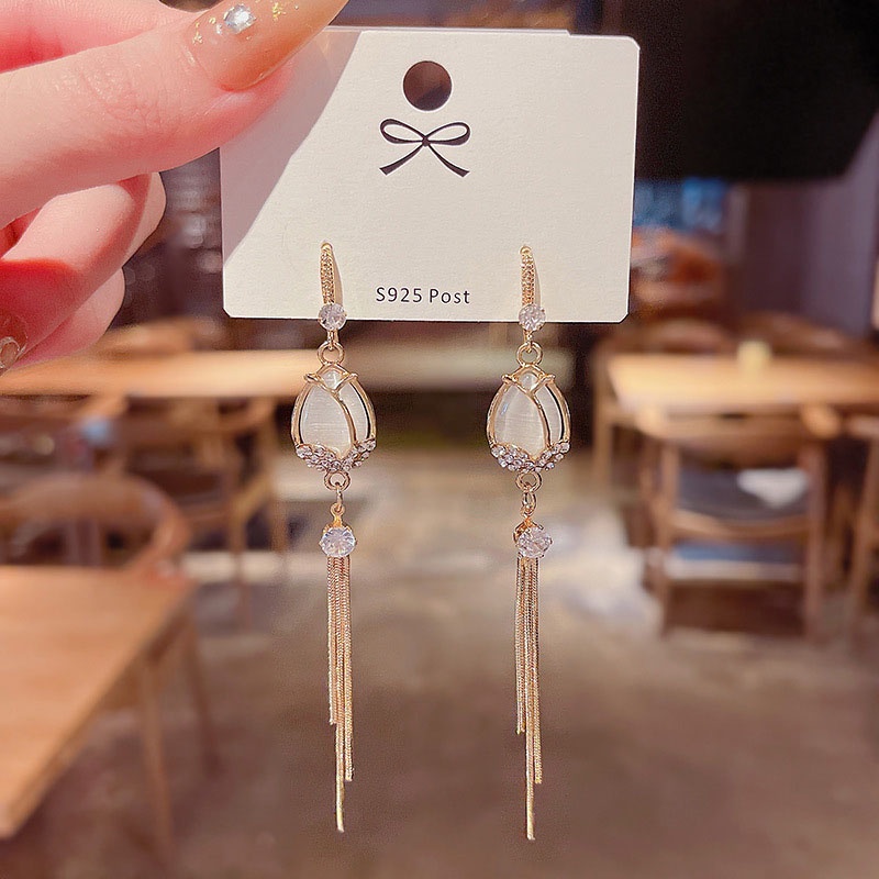 Shuling 925 Silver Needle Tulip Opal Earrings Female Long Tassel Earrings Fashion Earrings
