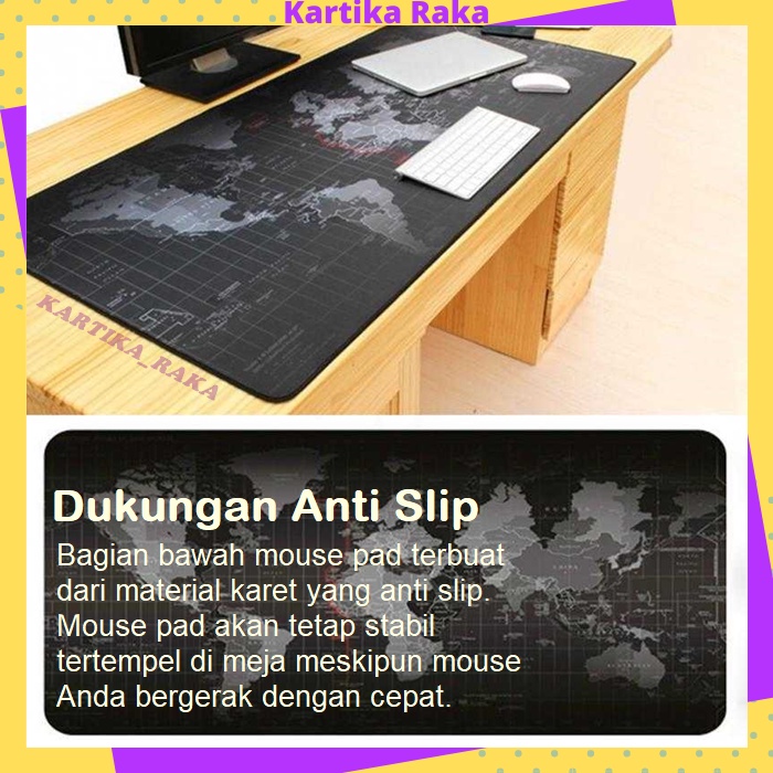 KR Mouse Pad Gaming Besar XL Peta Dunia Anti Slip Mousepad Besar Hitam