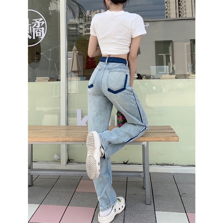 Celana Jeans Gaya Korea Pinggang Tinggi Jahitan Lurus Jeans Wanita Musim Panas Warna Ringan Longgar