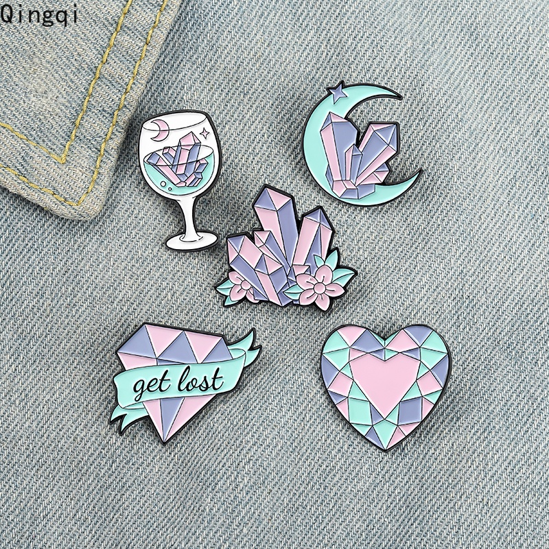 Bros Pin Kristal Bentuk Bulan Hati Goblet Warna Pink Untuk Hadiah