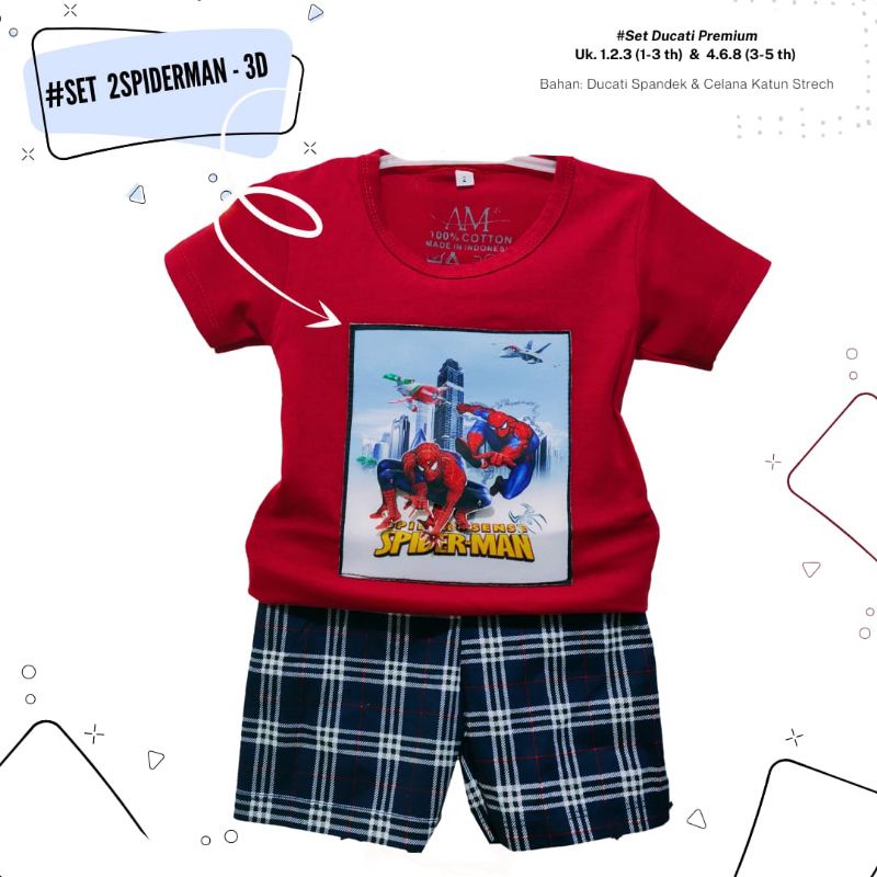 Setelan 3D anak laki-laki &quot;2Spiderman&quot; Size 1-5th bahan Ducati Katun Spandek Premium