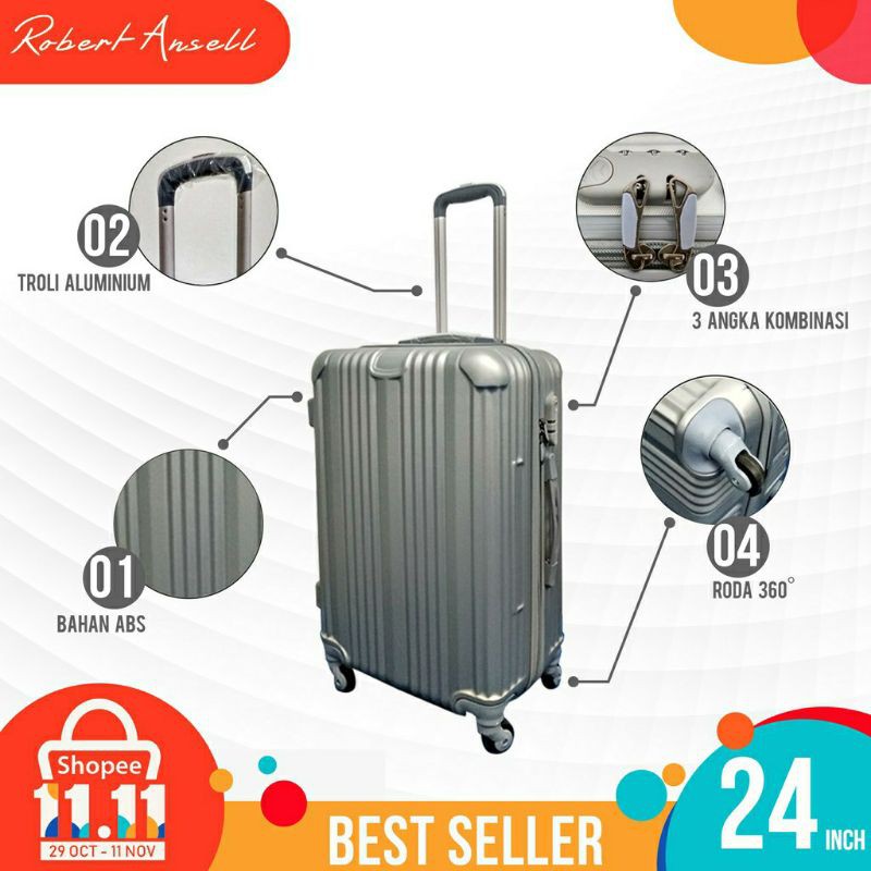 Koper Travel Murah  Robert Ansell 24 Inch 4 Roda Putar 360° ABS Hardcase - Wanderer Silver