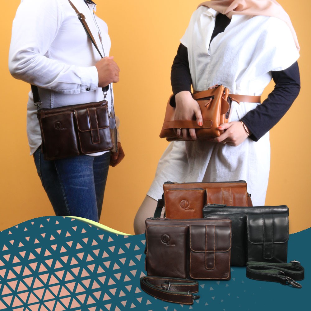 Tas Kuliah Cowok / Tas Selempang Pria  Multifungsi  QI LEATHER Bahan Kulit Sapi Asli Premium HB09