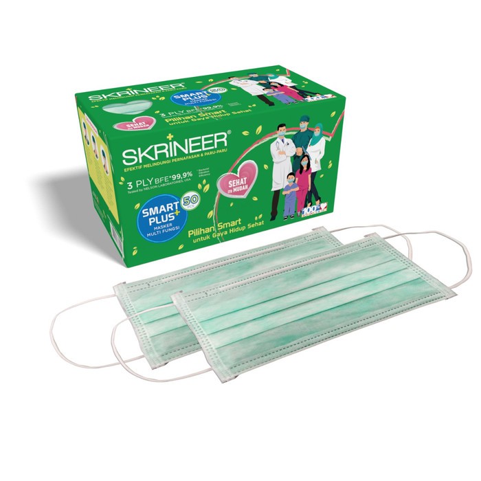 Skrineer Smart Plus Masker Earloop Green Hijau 3ply isi 50 SKRINEER