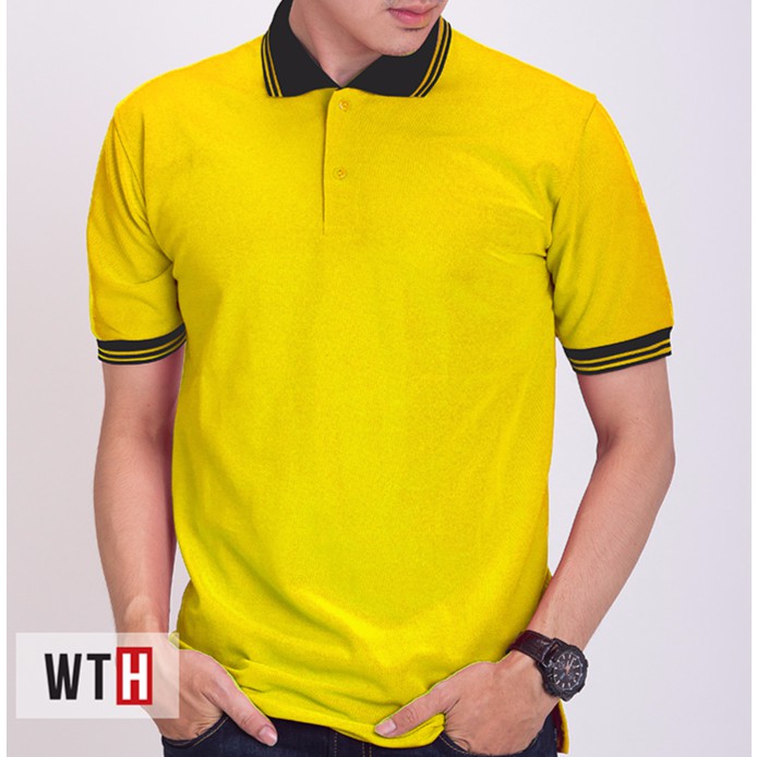  KAOS  POLO  SHIRT KUNING STABILO KERAH HITAM WHAT THE HEAVEN 