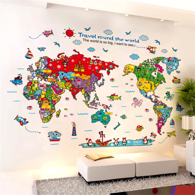 Colorful Cartoon Animal World Map Wall Stickers Modern Art Vinyl Decal Wall Mural