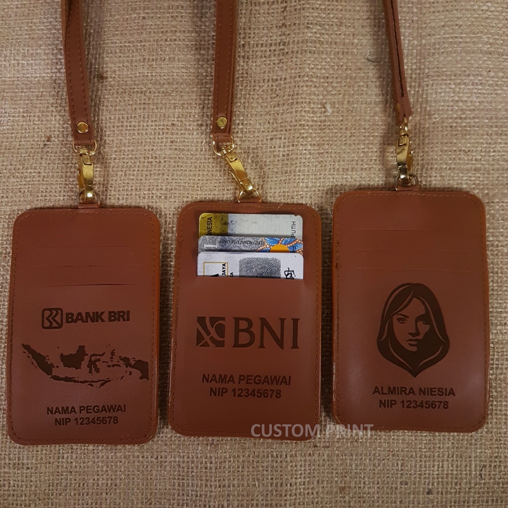 Name Tag / ID Card Holder kulit ASLI Tali Gantungan Custom Grafir Nama / logo Perusahaan