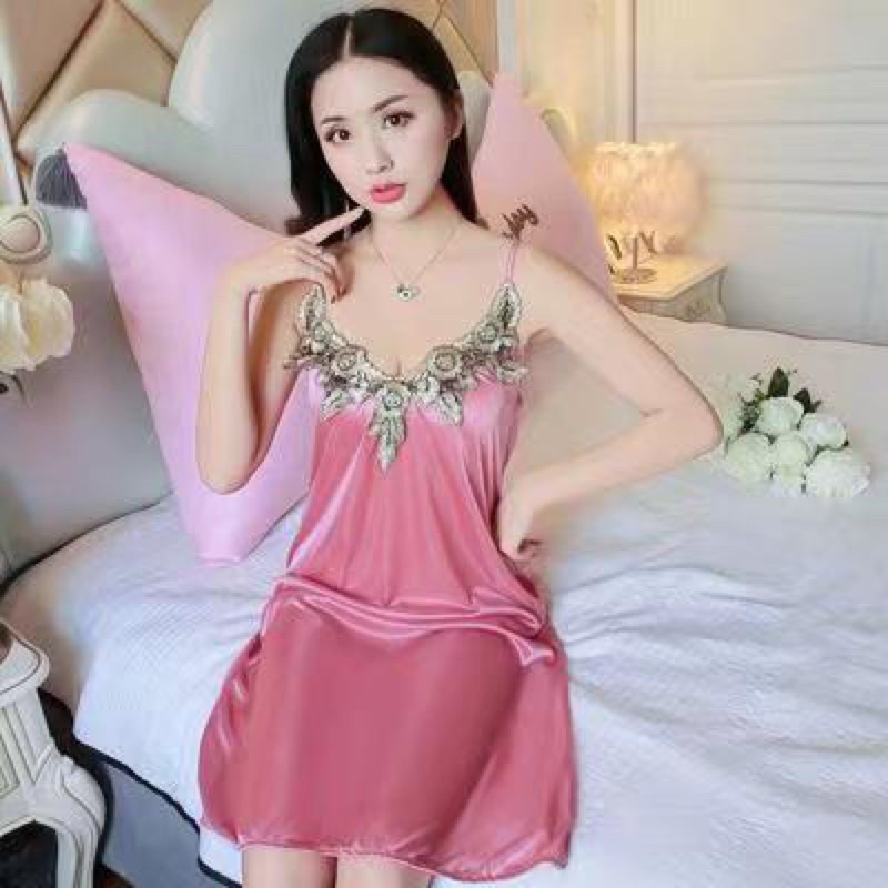 Lingerie Dress Baju Tidur Wanita Sexy Motif Bordir Bunga Bahan Satin Import