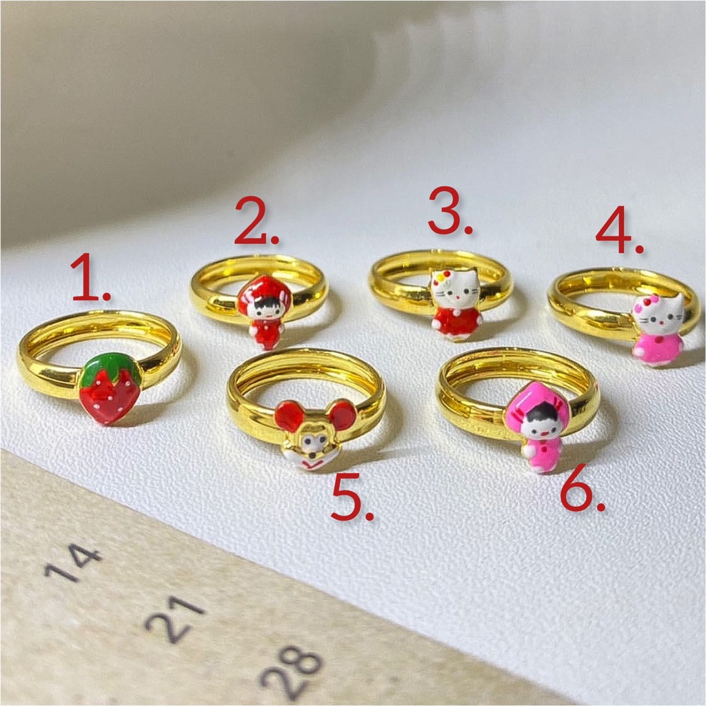 Cincin anak anak emas asli kadar 700 70 16k boneka mickey dino ice cream stoberi hello kitty mochi baby bayi strawberry mikie ringan lucu murah setengah 0,5 gram pink merah red