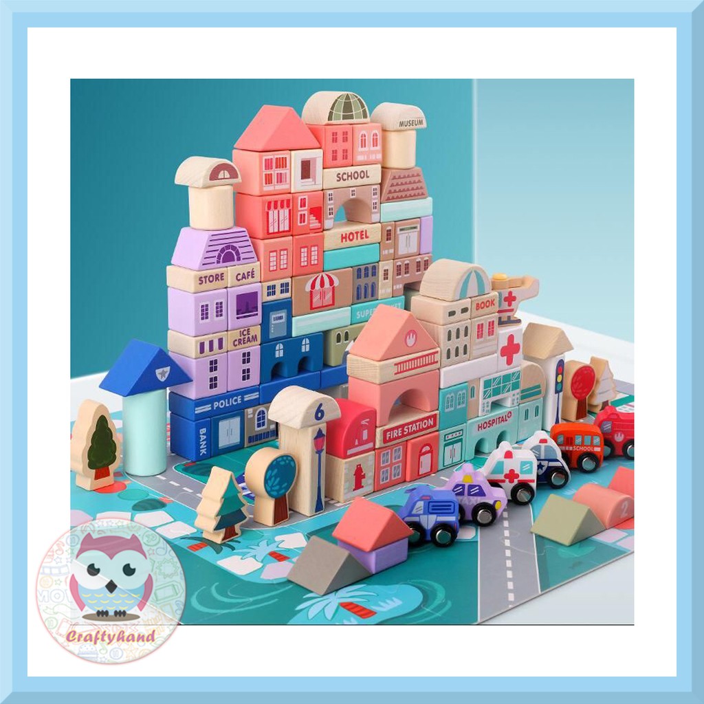 Mainan Kayu Balok Bangunan Kota / City Building Blocks