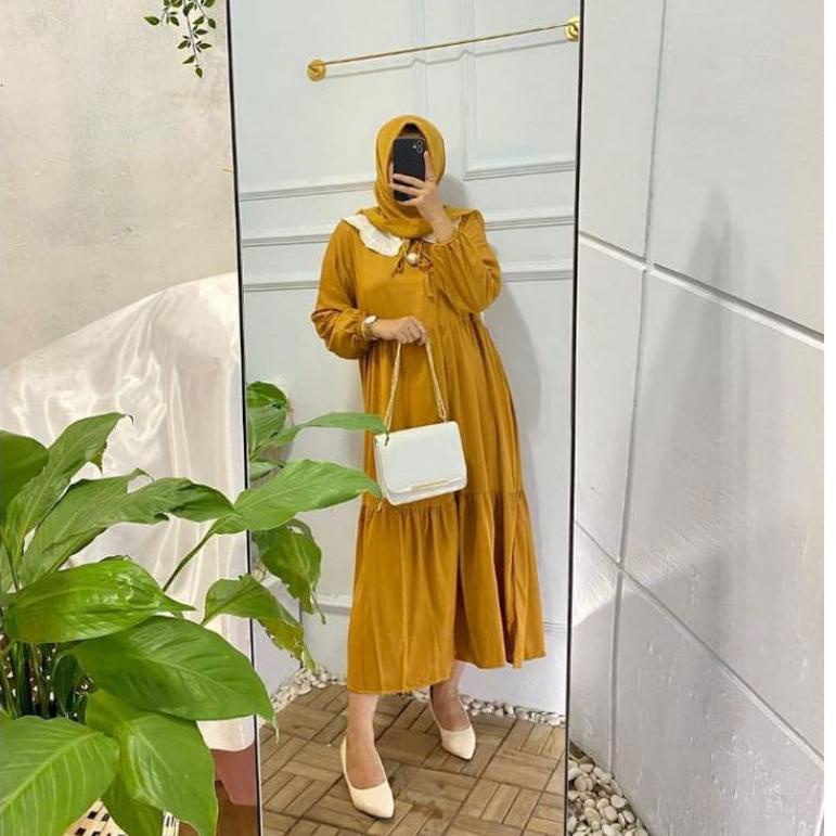 NURRYN BASIC MIDI DRES KERAH PUTIH LONG TUNIK RAYON POLOS GAMIS KOREAN STYLE FASHION MUSLIM  MIDI DR