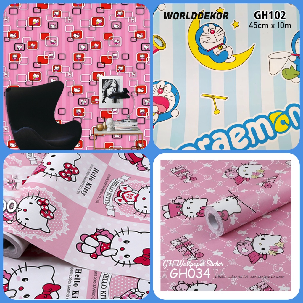 Wallpaper Stiker Dinding 3D Motif Doraemon Dan Hello Kitty Bahan PVC Mudah DiPasang - WORLDDEKOR