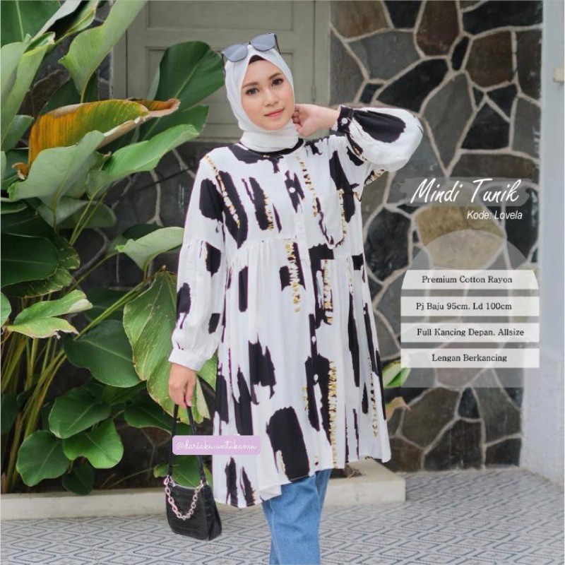 Mindi | Tunik Motif Top Puff sleeve Fashion Korea Baju Balon Lengan Balon Baju Lilac Atasan Balon