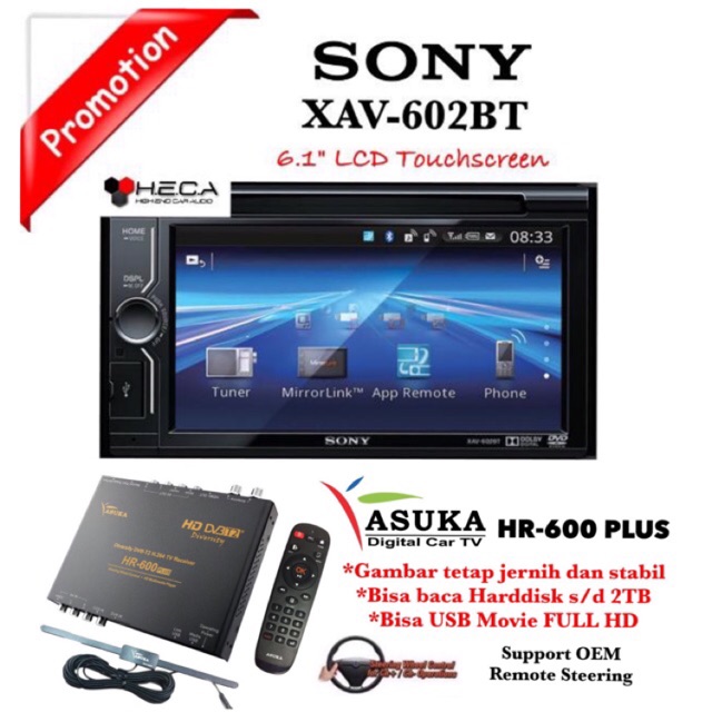 PAKET Sony XAV-602BT Head Unit Double din XAV 602 BT Tape Mobil & ASUKA HR-600 TV Tuner Digital