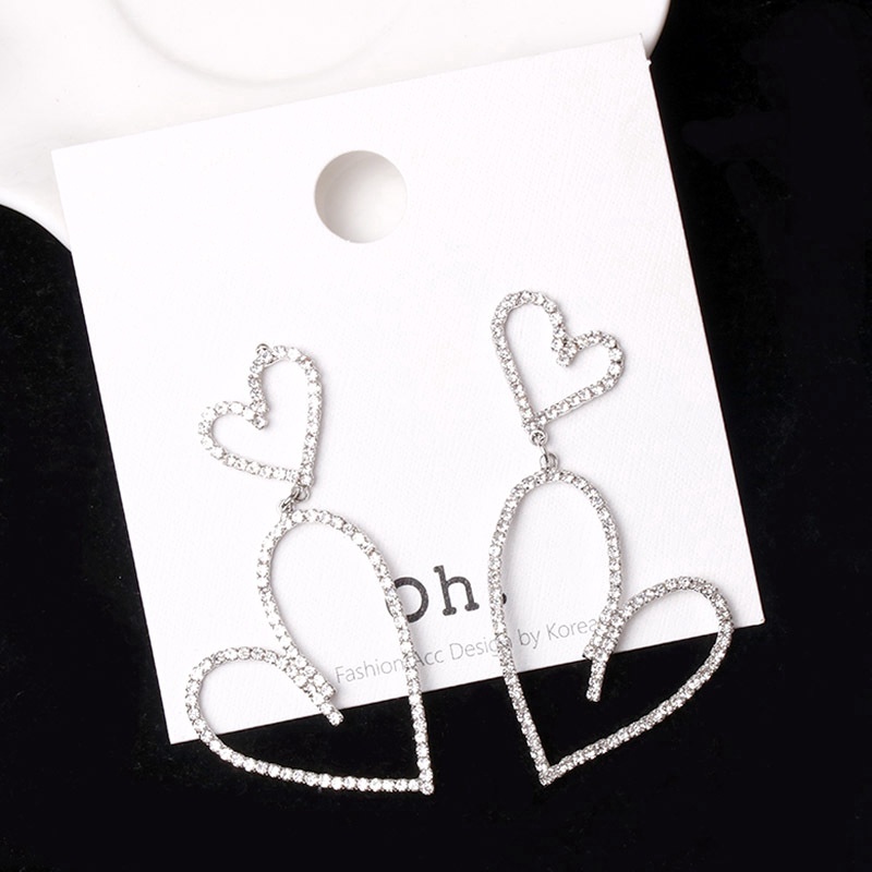 Anting Tusuk Gantung Bahan Sterling Silver 925 Desain Hati Hias Berlian Gaya Korea Untuk Wanita