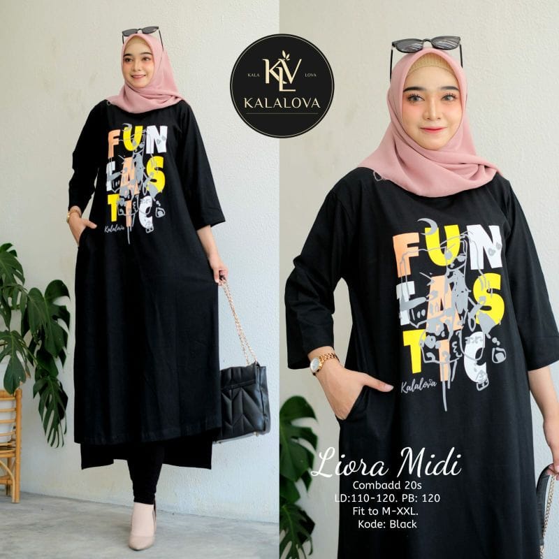 Liora Midi Baju Kaos Wanita Midi Dress Muslim Matt Combed Aksen Sablon Dress Wanita Casual Dress Jumbo