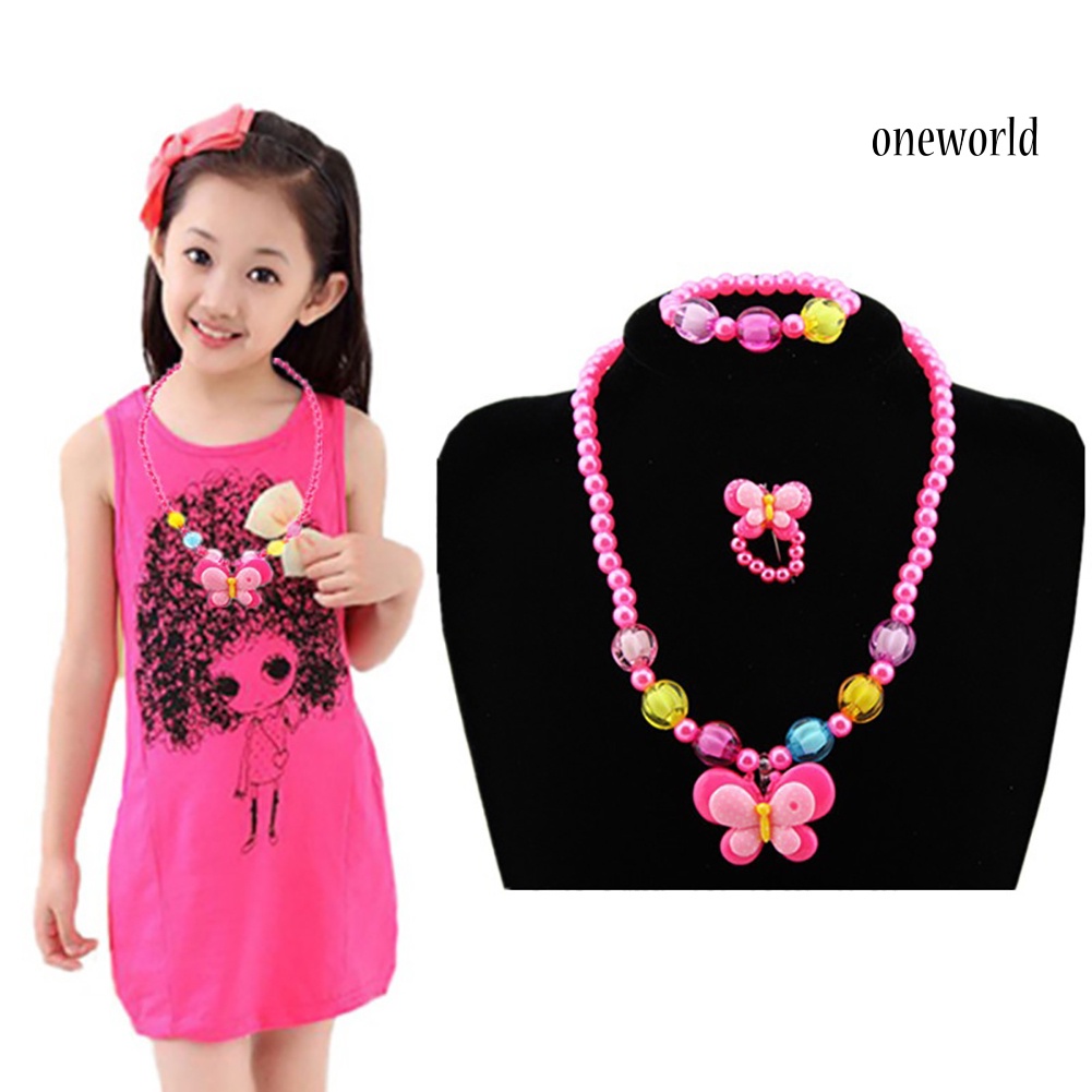 OW@ 3Pcs Girls Yellow Duck Butterfly Candy Bead Ring Necklace Bracelet Jewelry Set