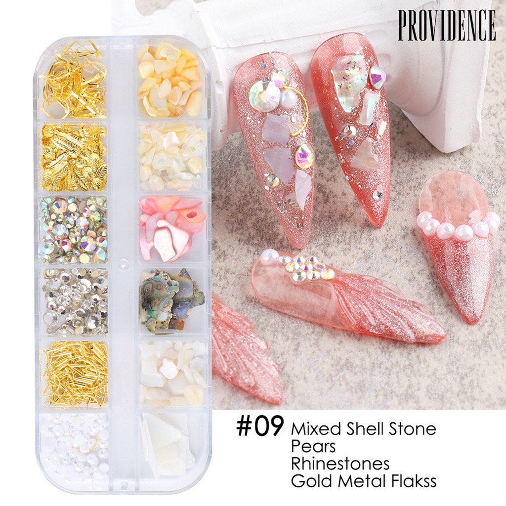 Providence 12 Grids/Box Nail Art Flakes Mixed Glitter Metal Multifunctional Portable Manicure Shell Stone Rhinestone Decoration for Female