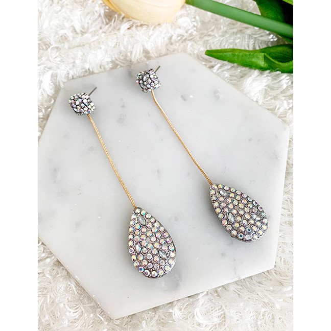 LRC Anting Tusuk Fashion Ab Color Alloy Rhinestone Drop Earrings D45533